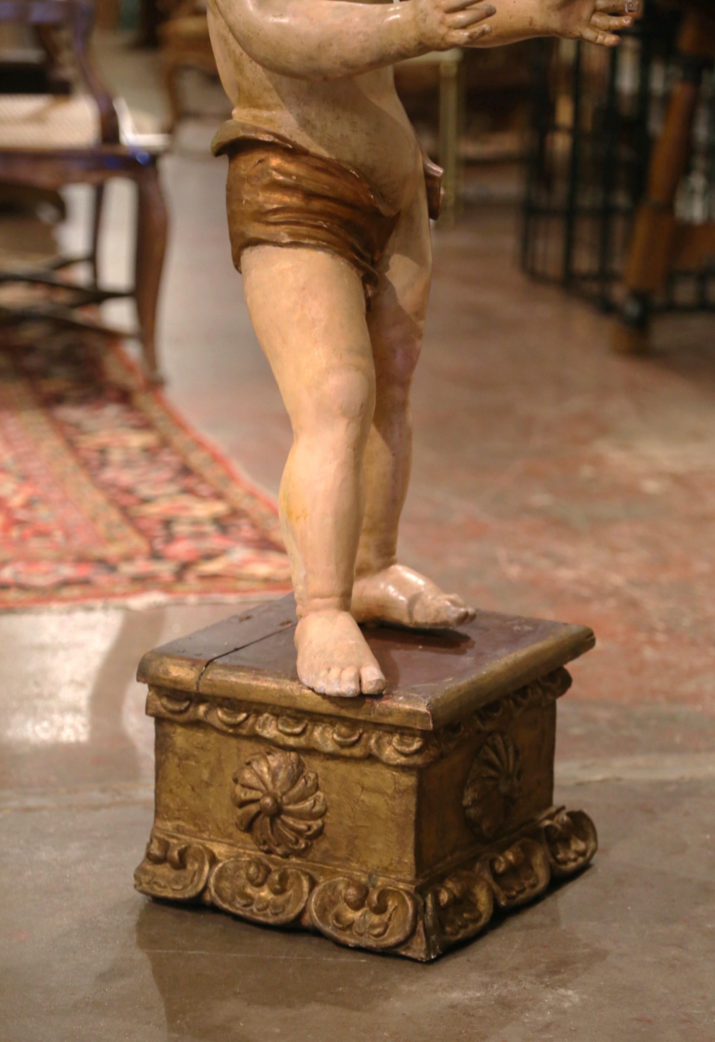 18th Century Italian Carved Polychrome Life Size Putti on Stand with Glass Eyes For Sale 4