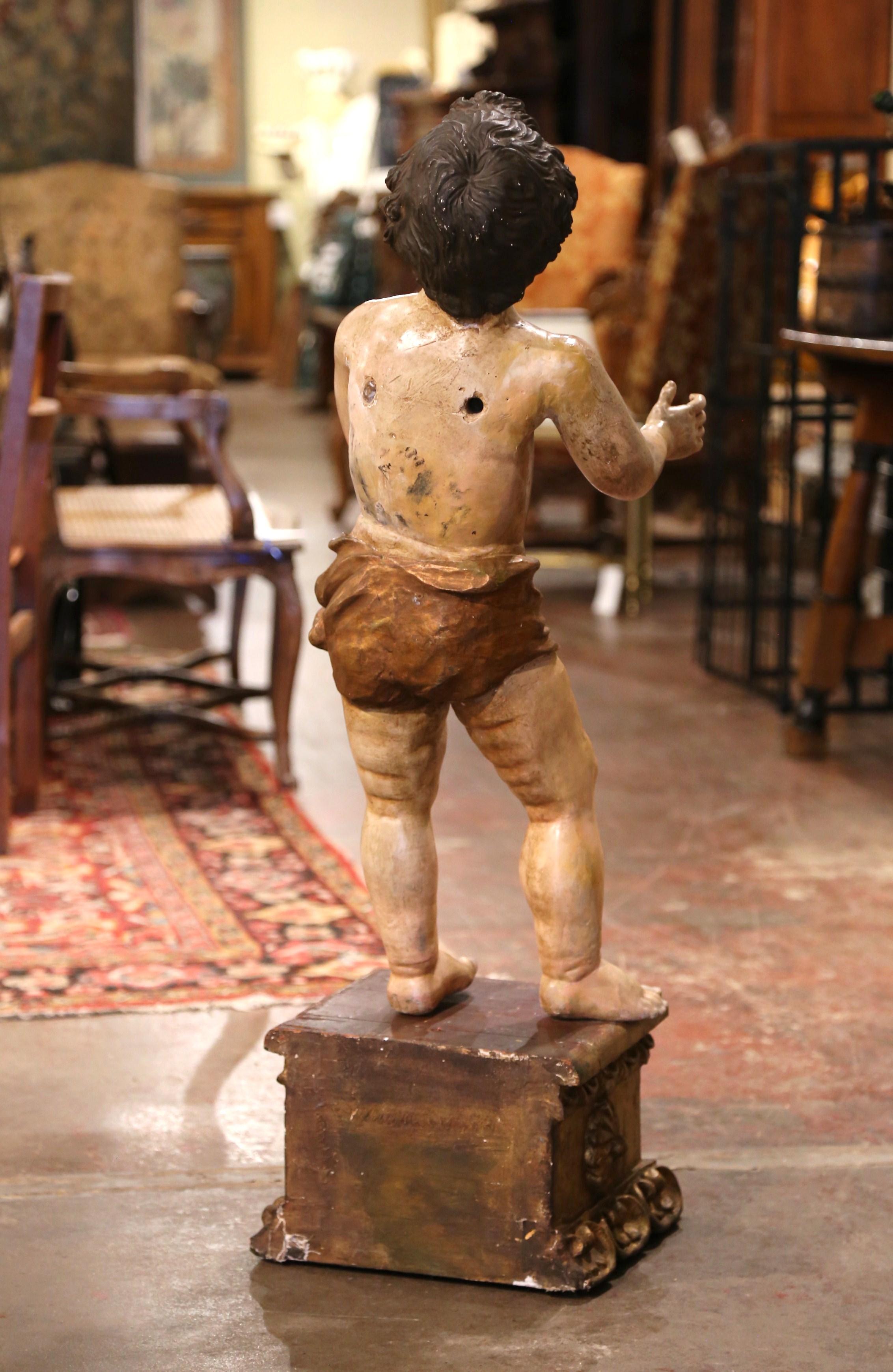 18th Century Italian Carved Polychrome Life Size Putti on Stand with Glass Eyes For Sale 5