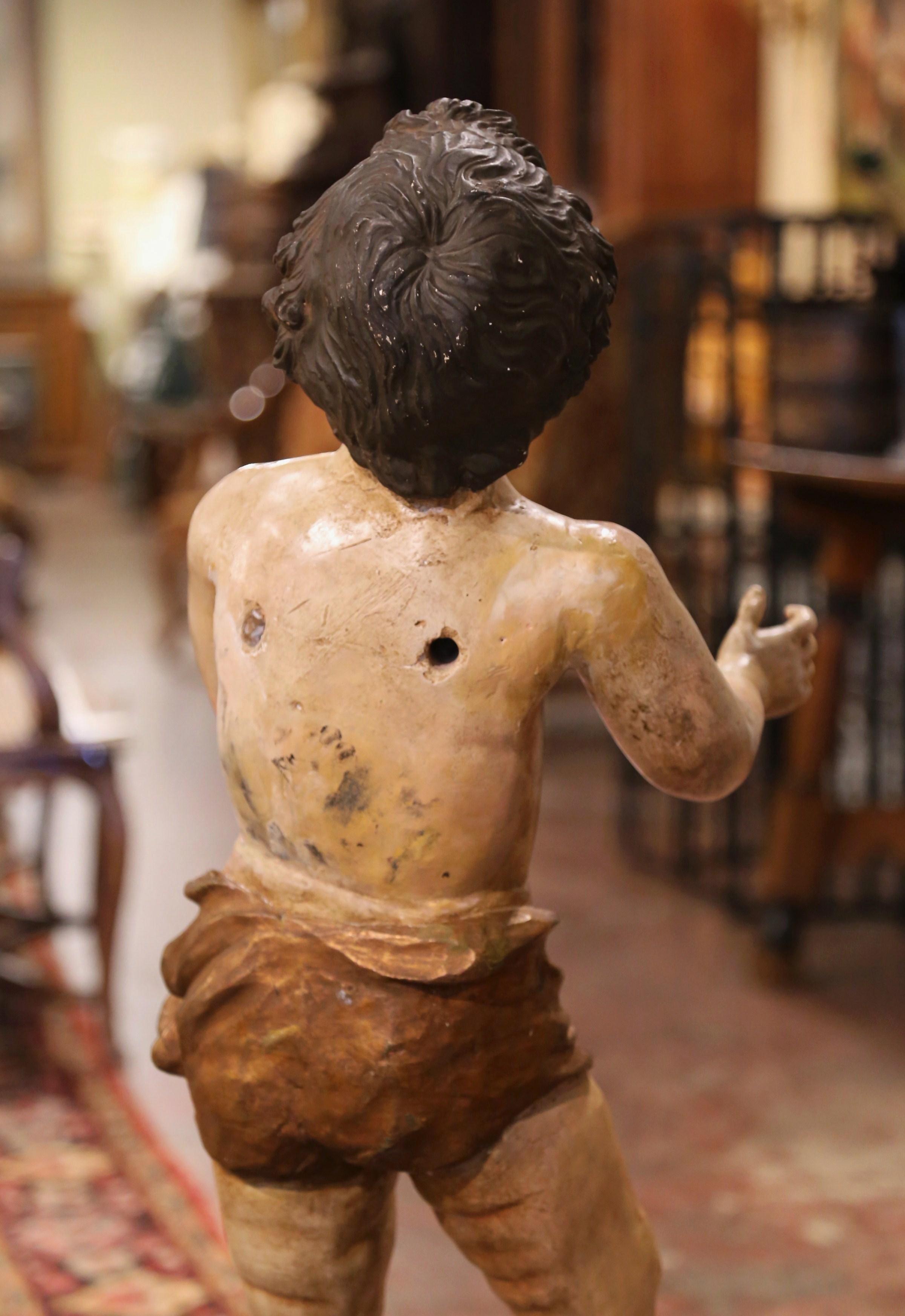 18th Century Italian Carved Polychrome Life Size Putti on Stand with Glass Eyes For Sale 6