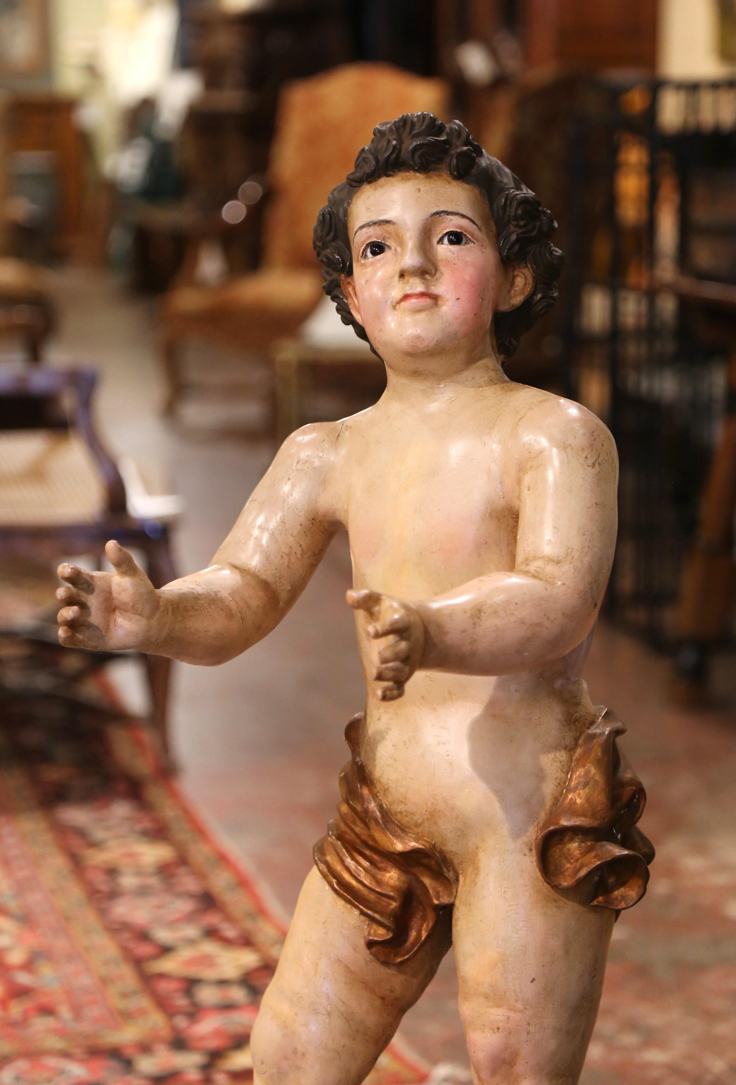 Neoclassical 18th Century Italian Carved Polychrome Life Size Putti on Stand with Glass Eyes For Sale