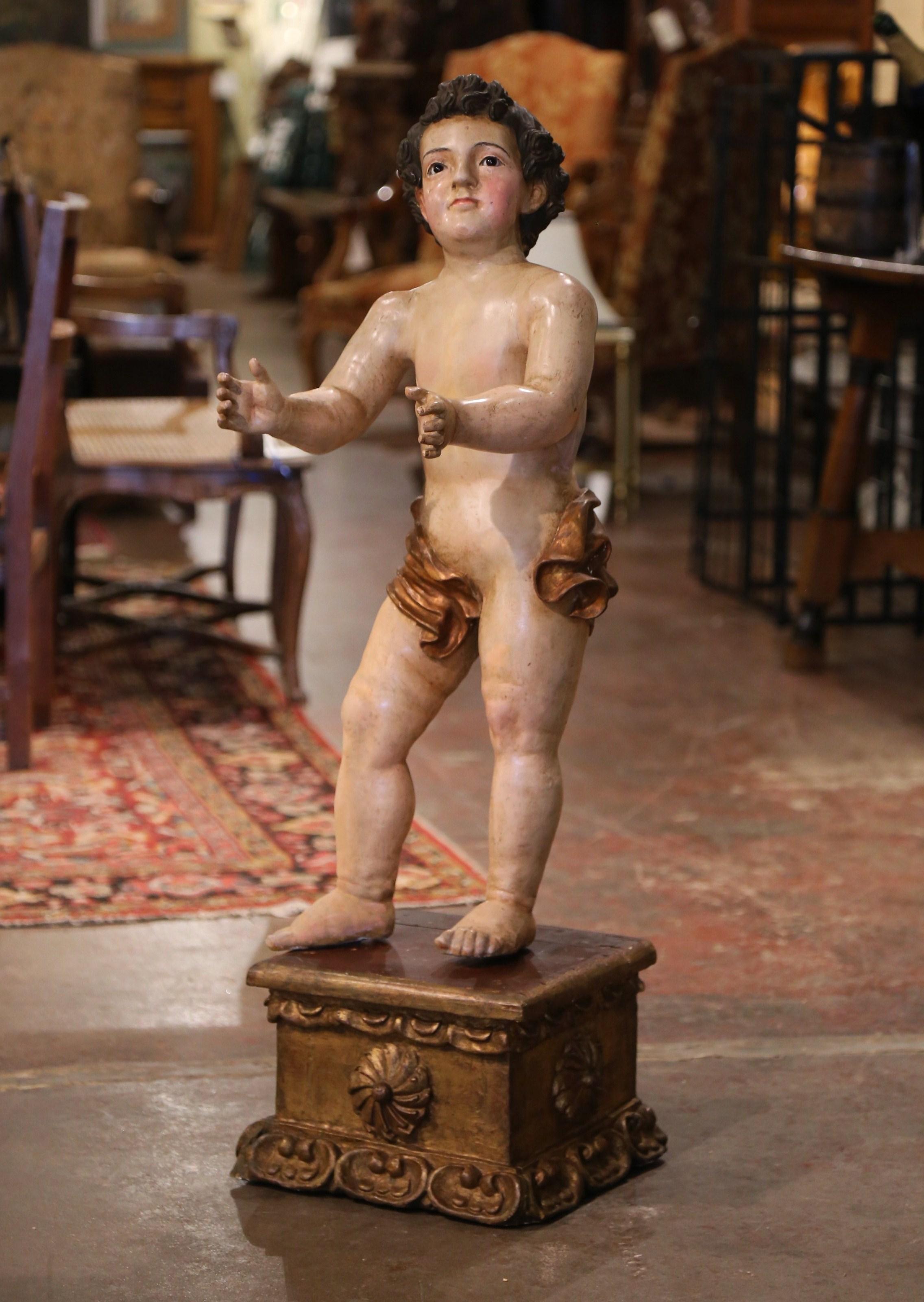 18th Century Italian Carved Polychrome Life Size Putti on Stand with Glass Eyes In Excellent Condition For Sale In Dallas, TX