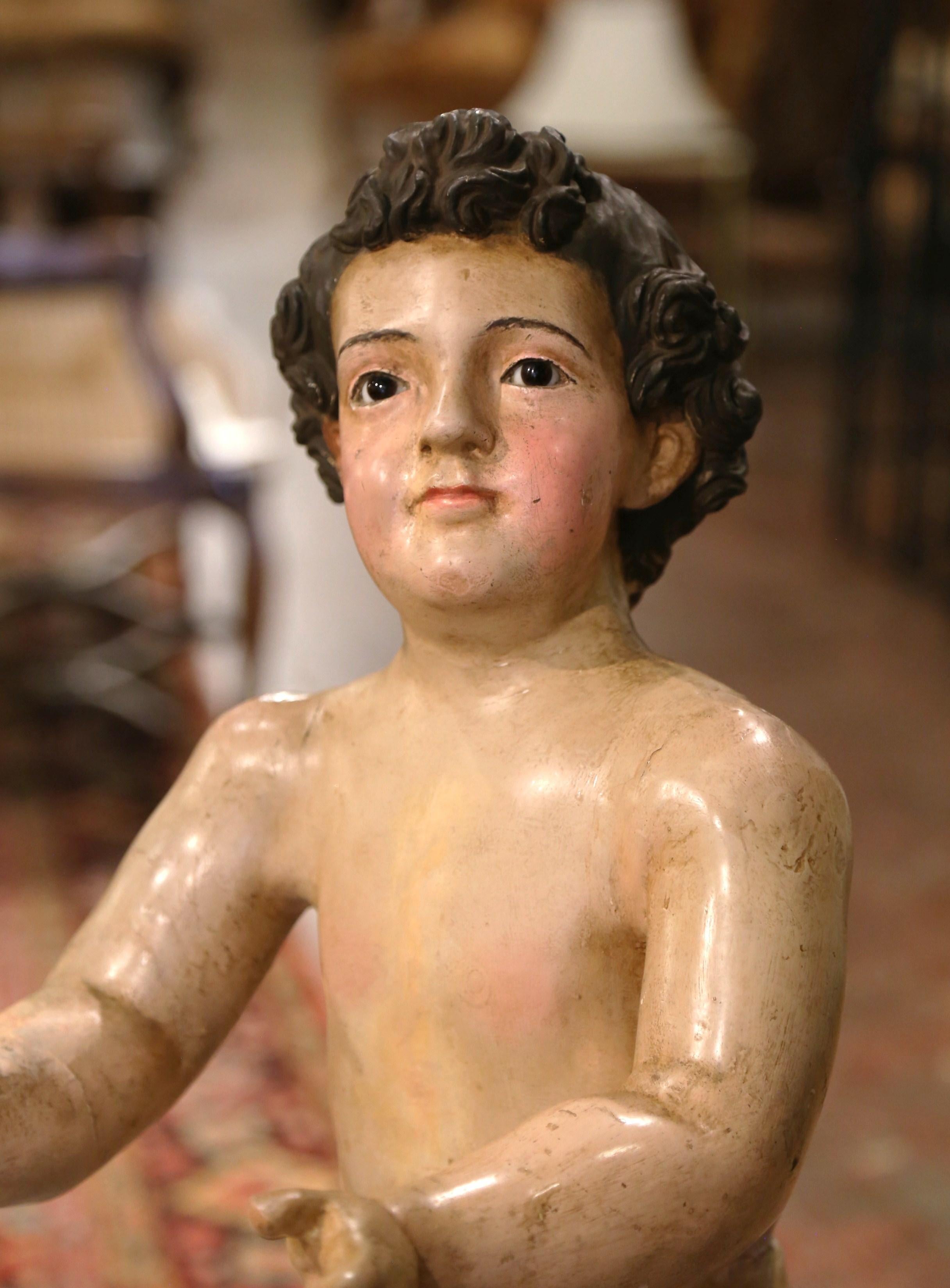 Wood 18th Century Italian Carved Polychrome Life Size Putti on Stand with Glass Eyes For Sale