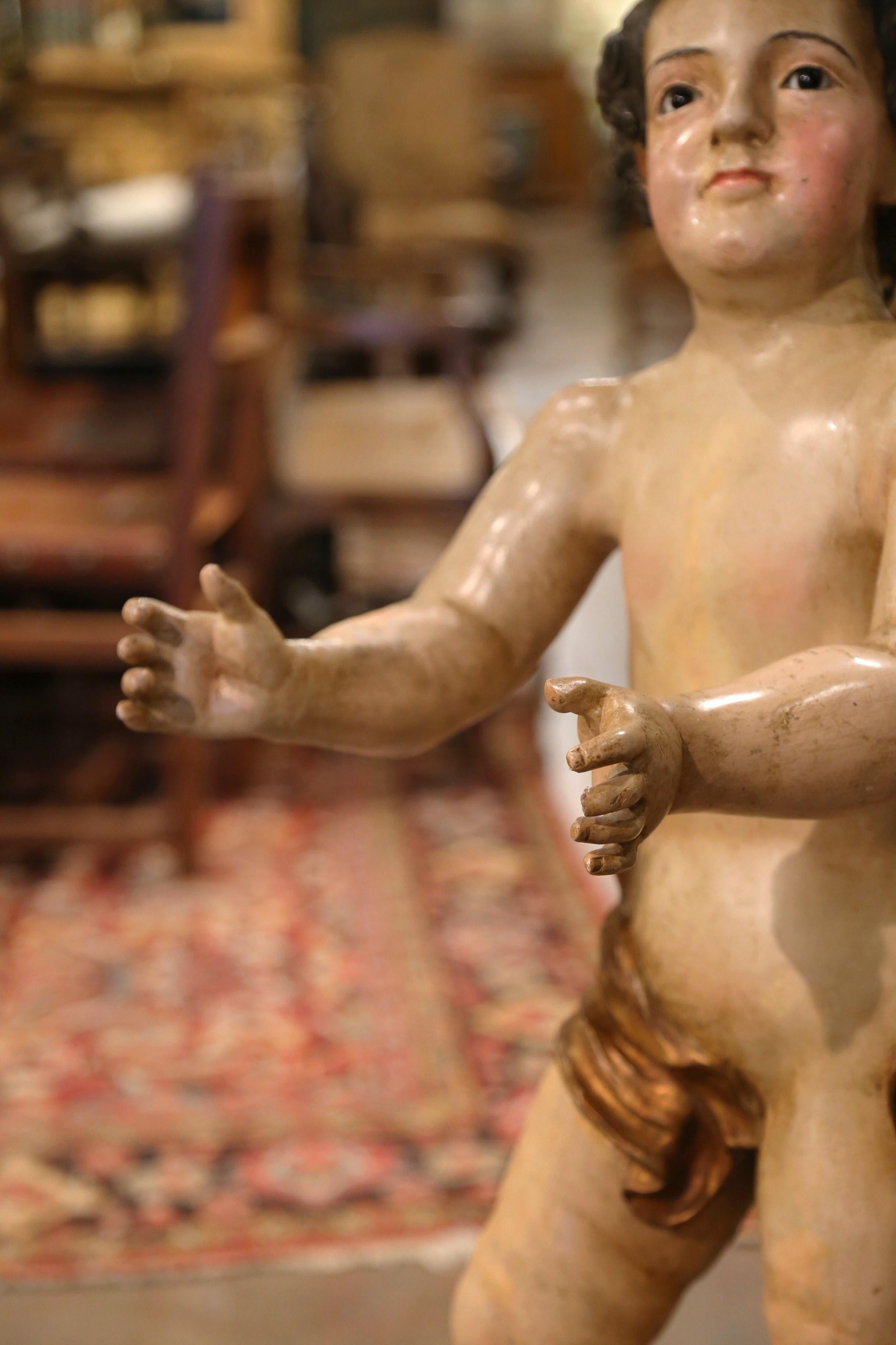 18th Century Italian Carved Polychrome Life Size Putti on Stand with Glass Eyes For Sale 1
