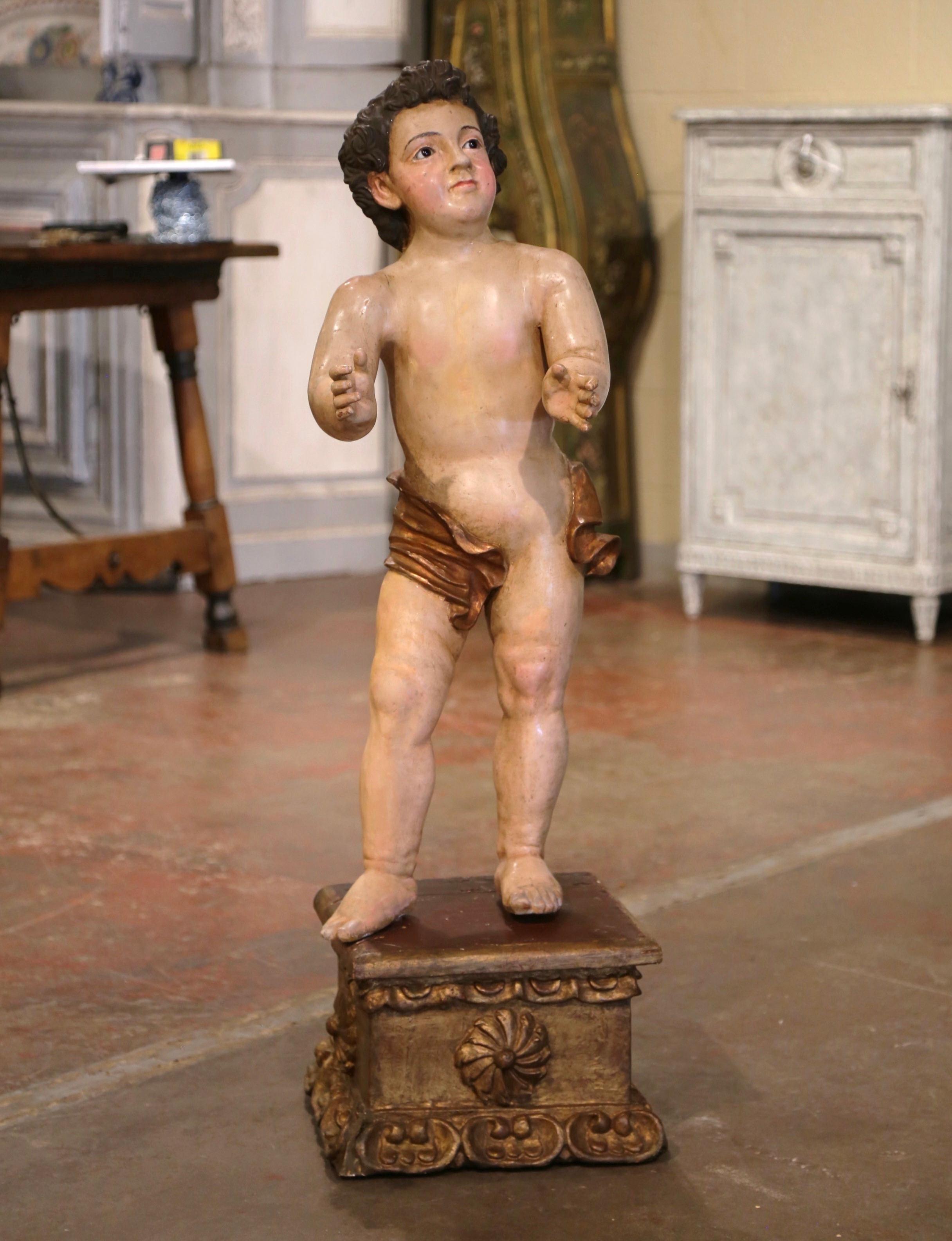 18th Century Italian Carved Polychrome Life Size Putti on Stand with Glass Eyes For Sale 2