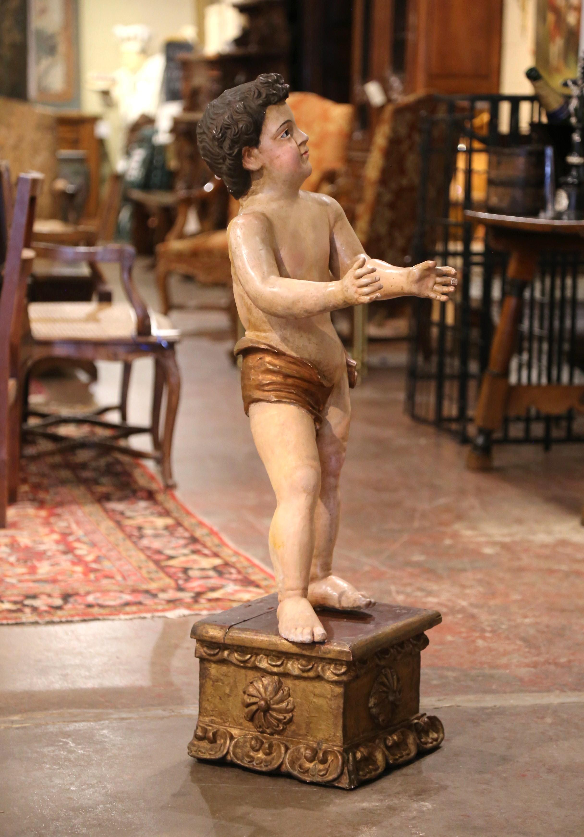 18th Century Italian Carved Polychrome Life Size Putti on Stand with Glass Eyes For Sale 3