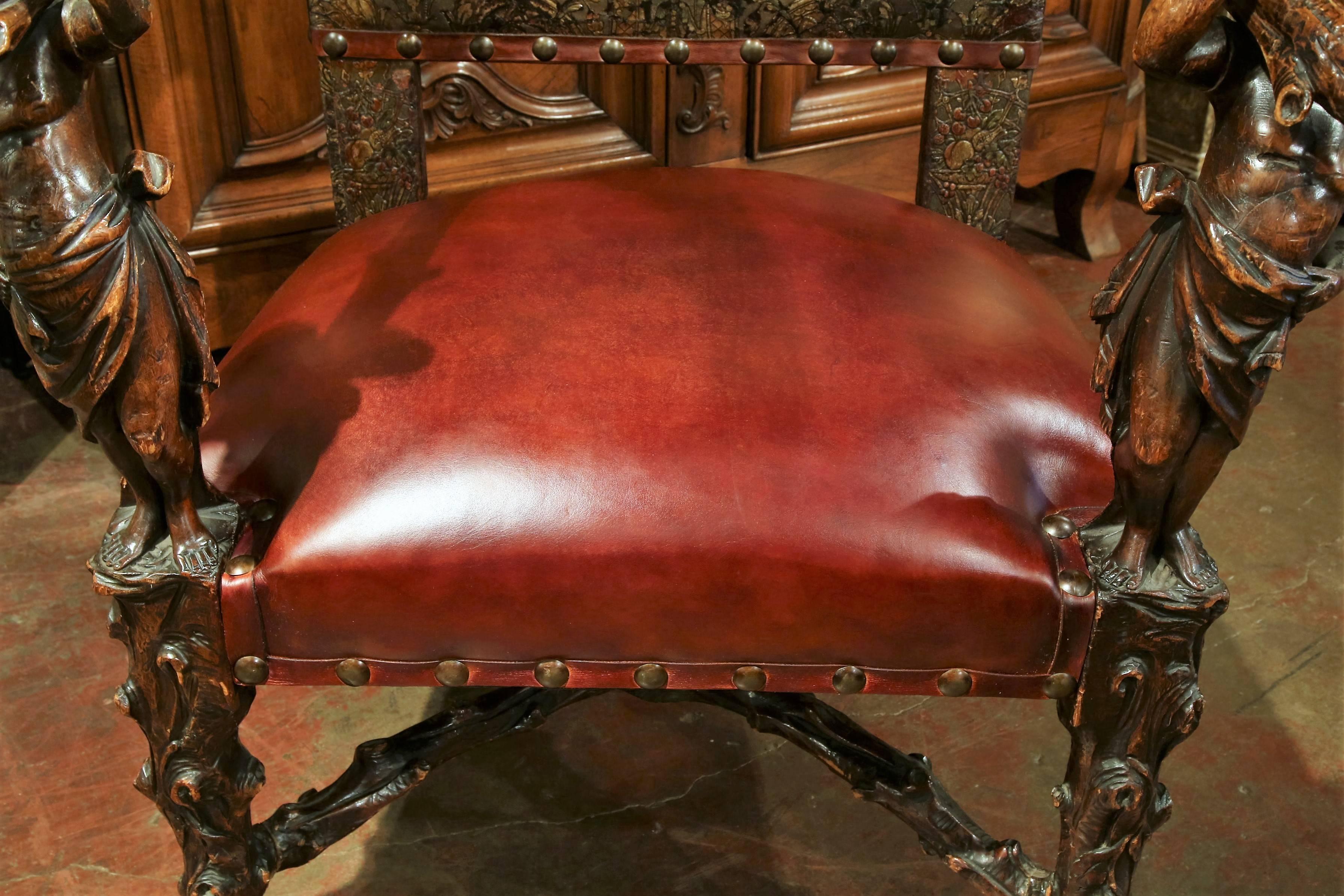 Baroque 18th Century Italian Carved Walnut Armchair with Embossed Leather