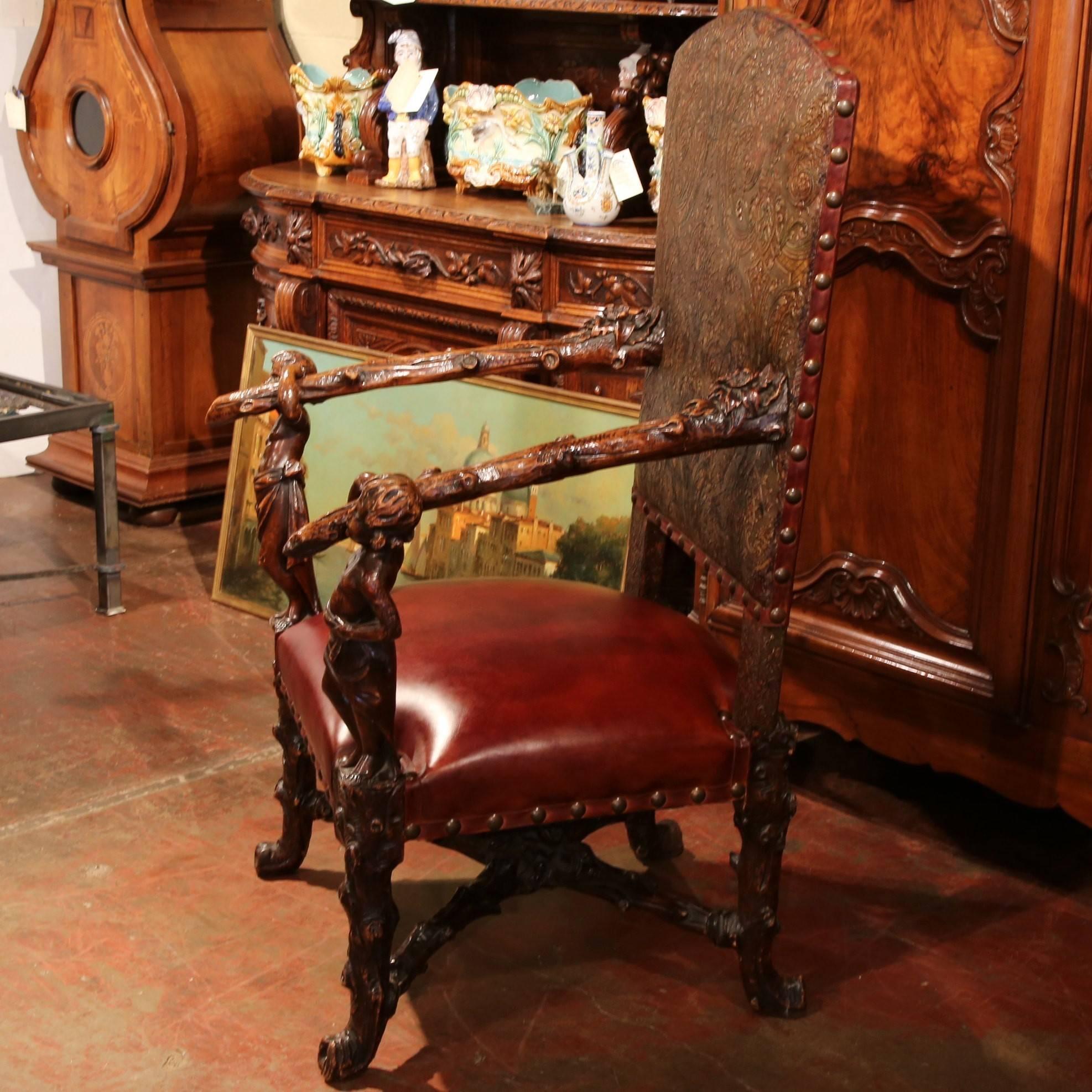 Patinated 18th Century Italian Carved Walnut Armchair with Embossed Leather
