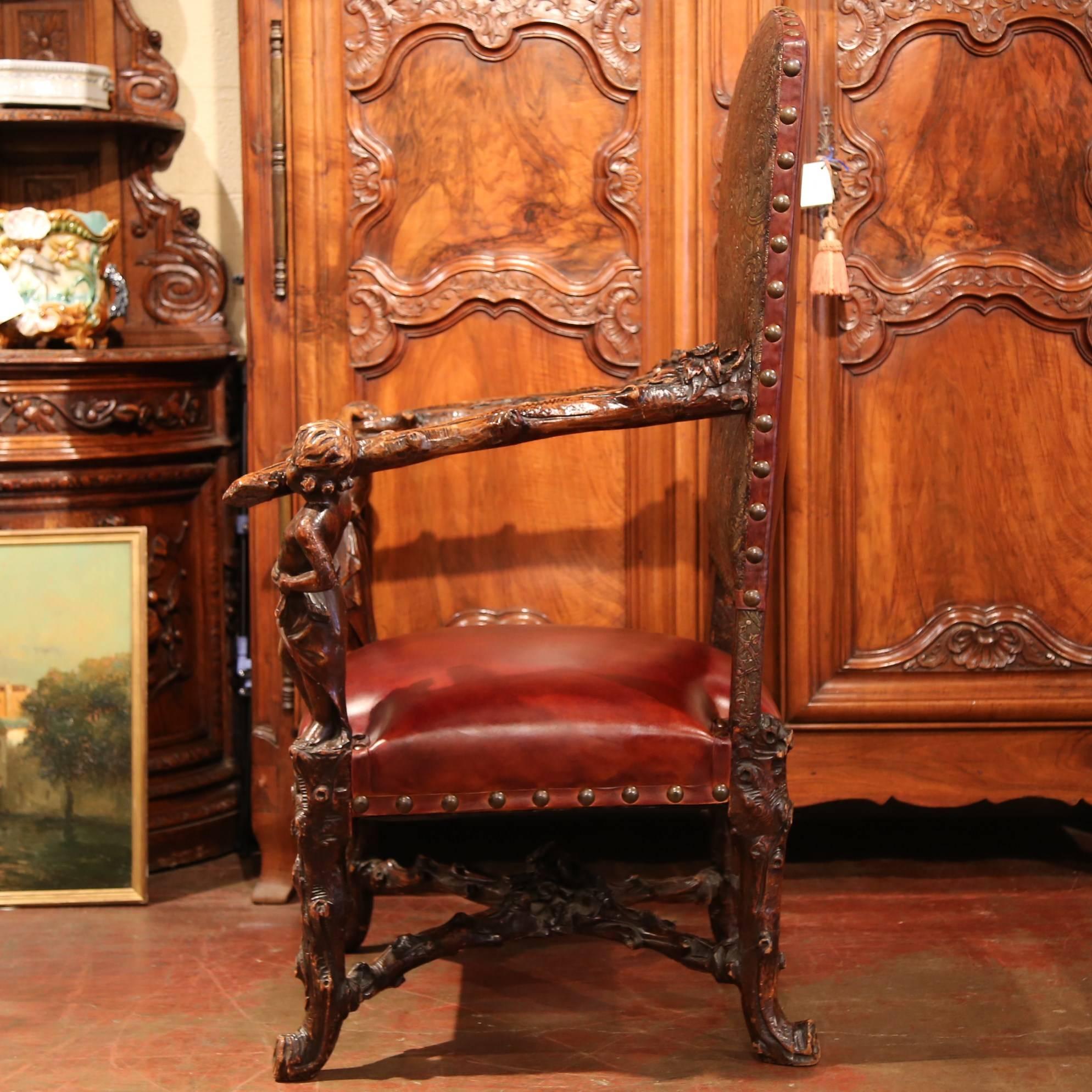 18th Century Italian Carved Walnut Armchair with Embossed Leather 1