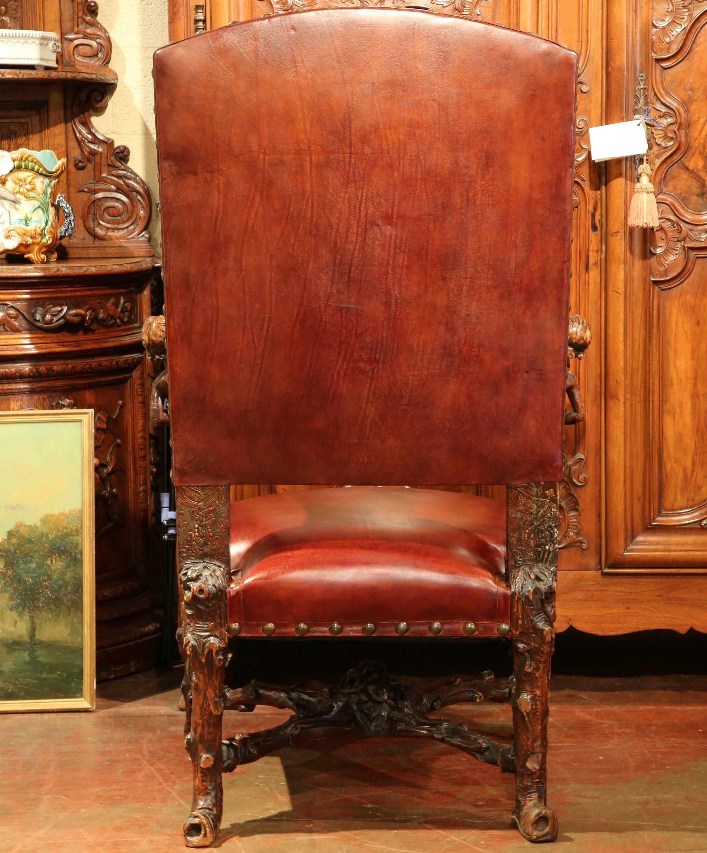 18th Century Italian Carved Walnut Armchair with Embossed Leather 4