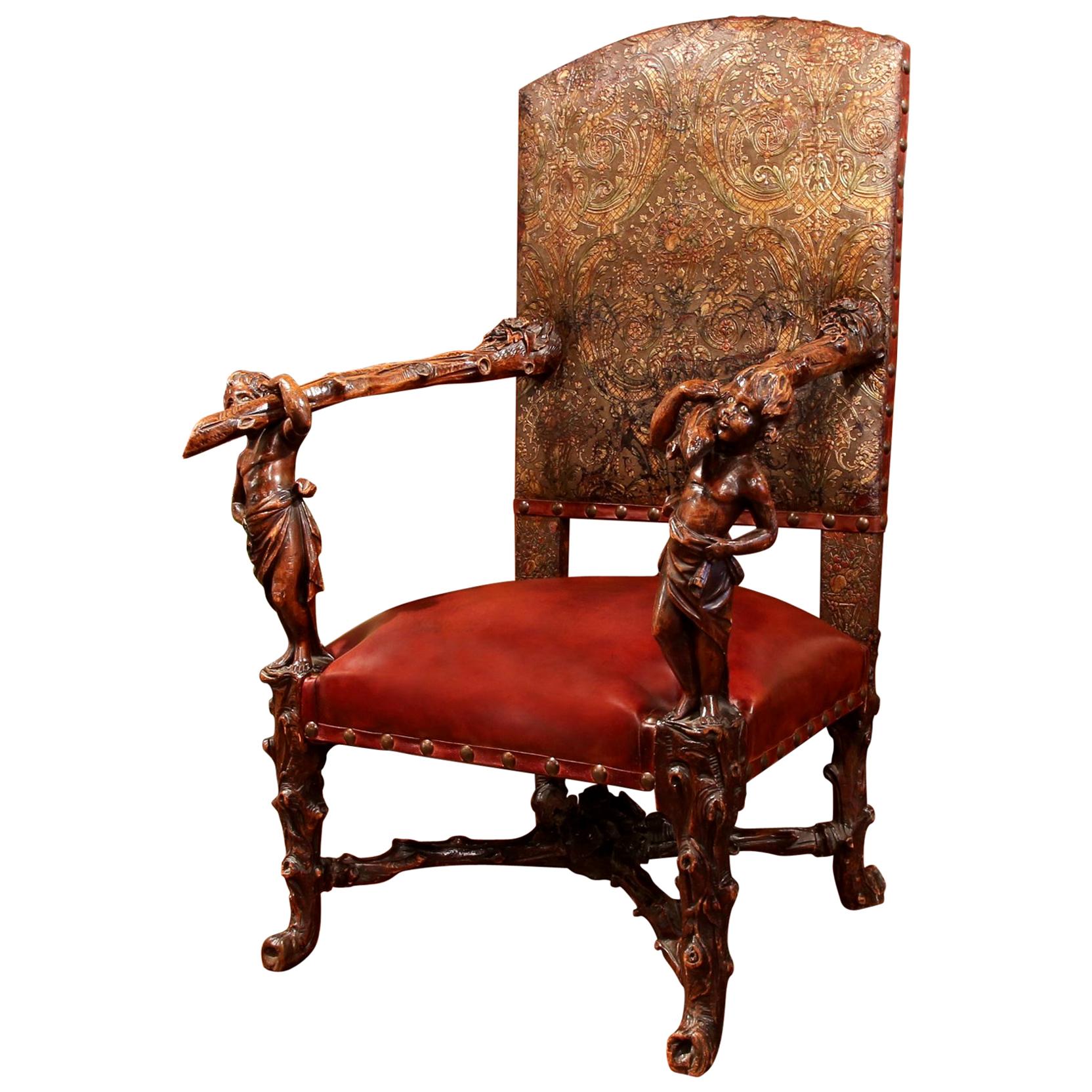 18th Century Italian Carved Walnut Armchair with Embossed Leather