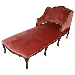 Antique 18th Century Italian Carved Walnut Chaise Longue with Velvet