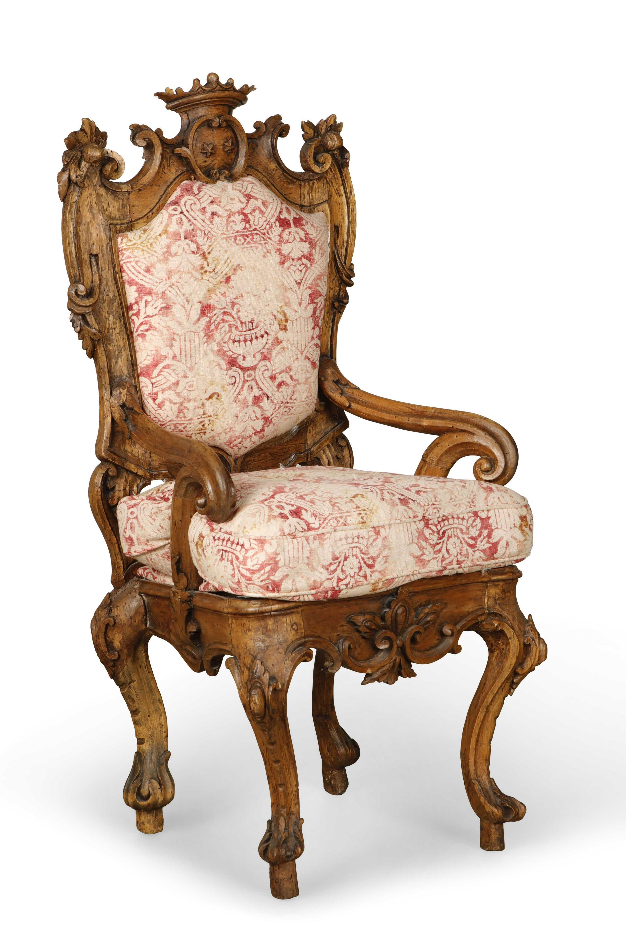 Rococo 18th Century Italian Carved Walnut Crowned Armchair