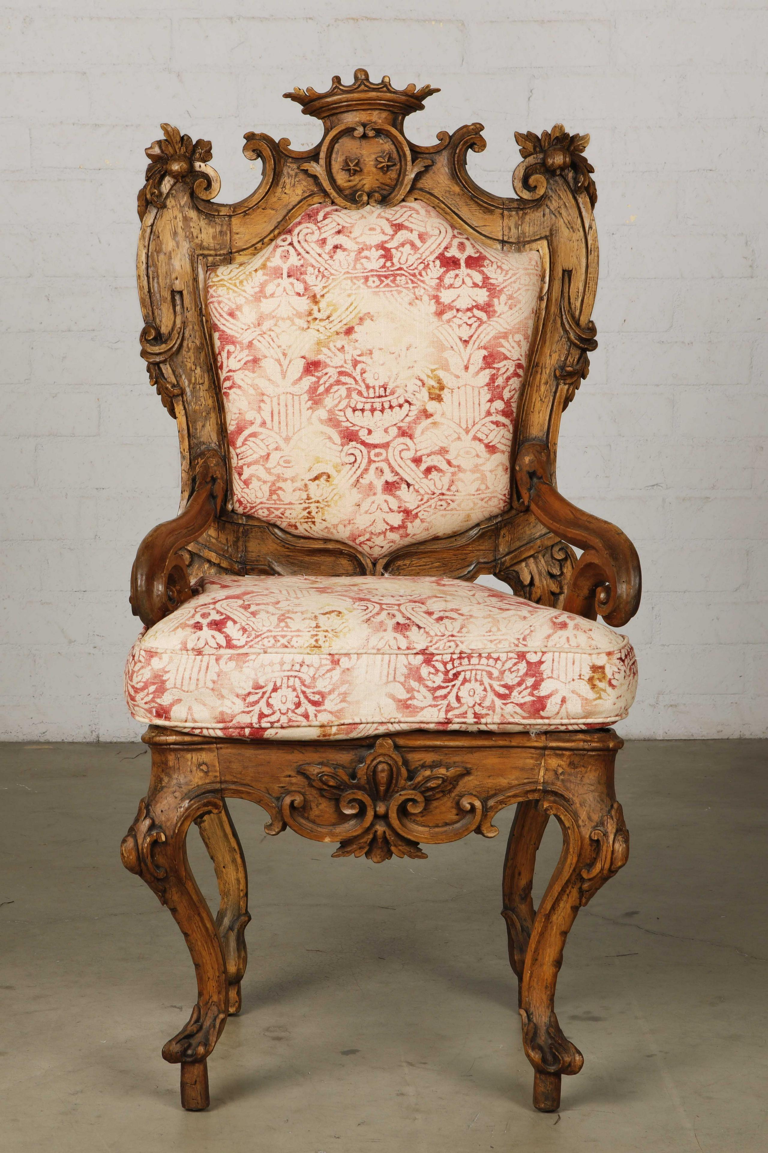 Hand-Carved 18th Century Italian Carved Walnut Crowned Armchair