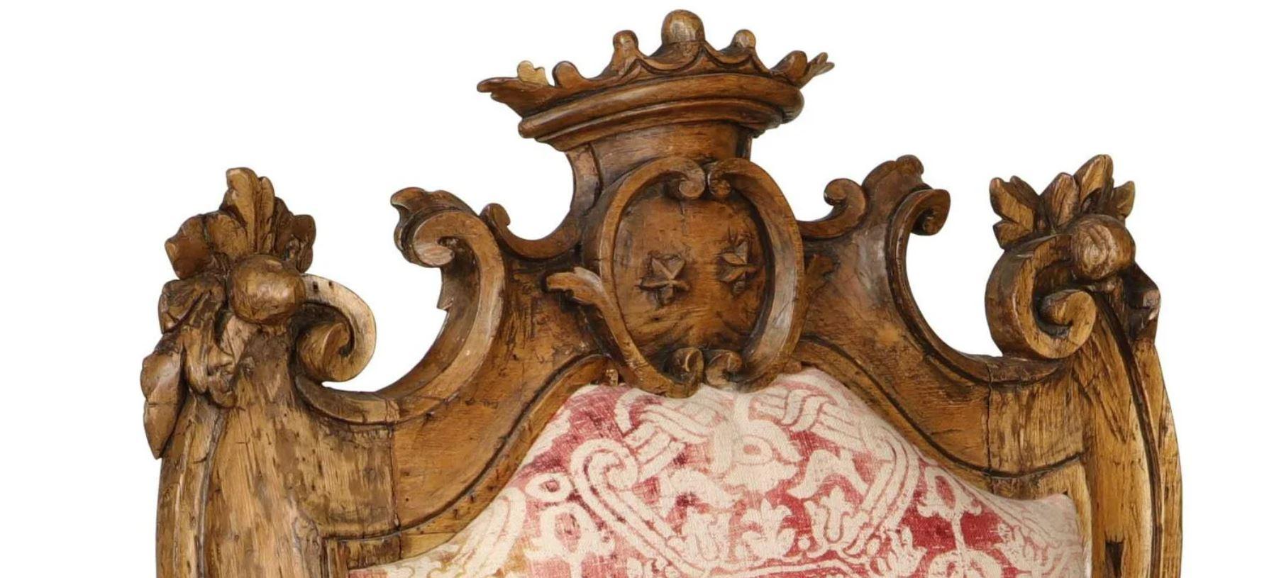 18th Century and Earlier 18th Century Italian Carved Walnut Crowned Armchair