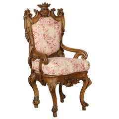 18th Century Italian Carved Walnut Crowned Armchair