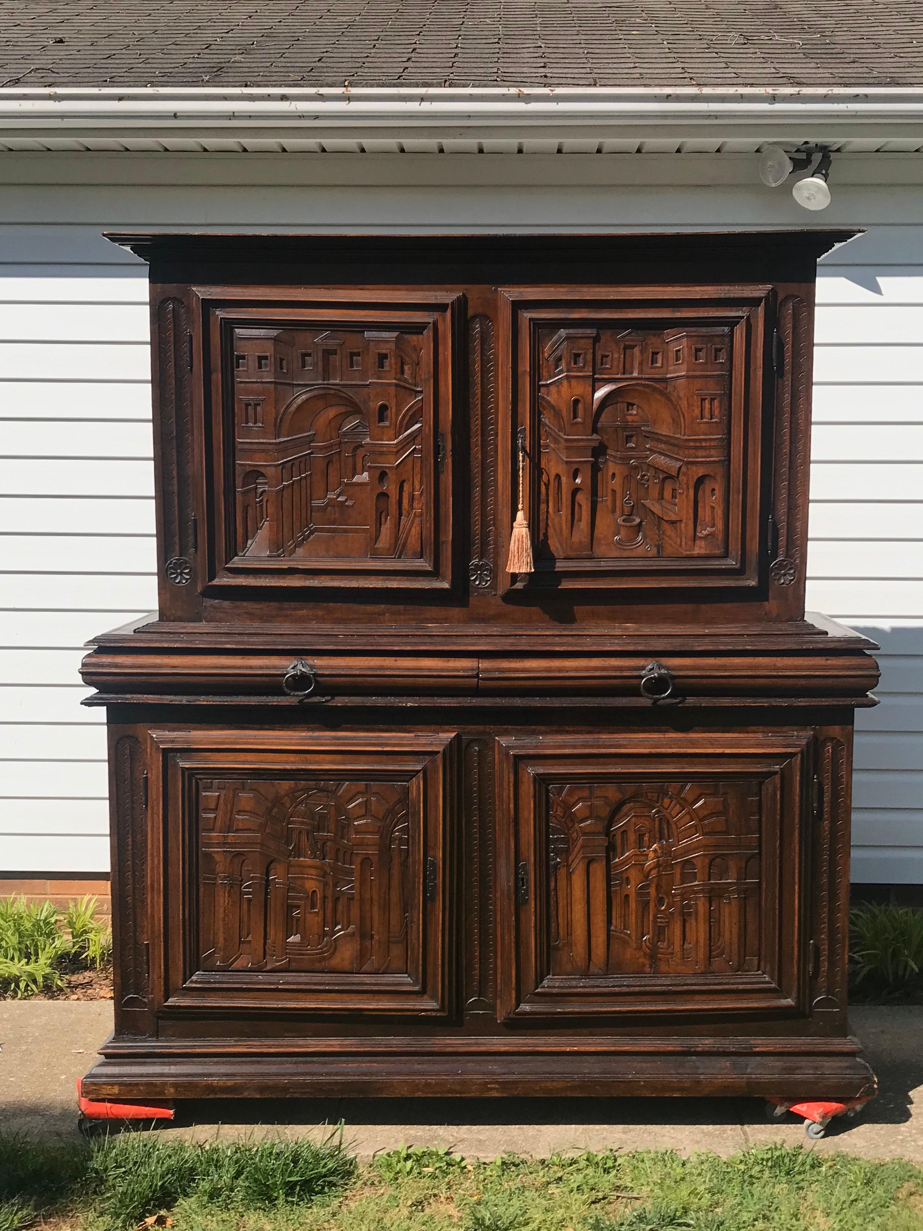18th Century Italian Carved Walnut Cupboard with Italian Scenes Carved in Doors 7
