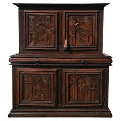 18th Century Italian Carved Walnut Cupboard with Italian Scenes Carved in Doors
