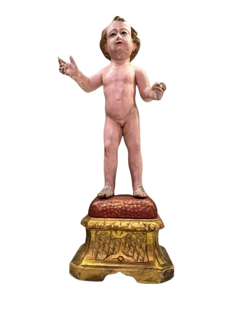 Rococo 18th Century Italian Carved Wood and Polychromed Figure Depicting Baby Jesus For Sale