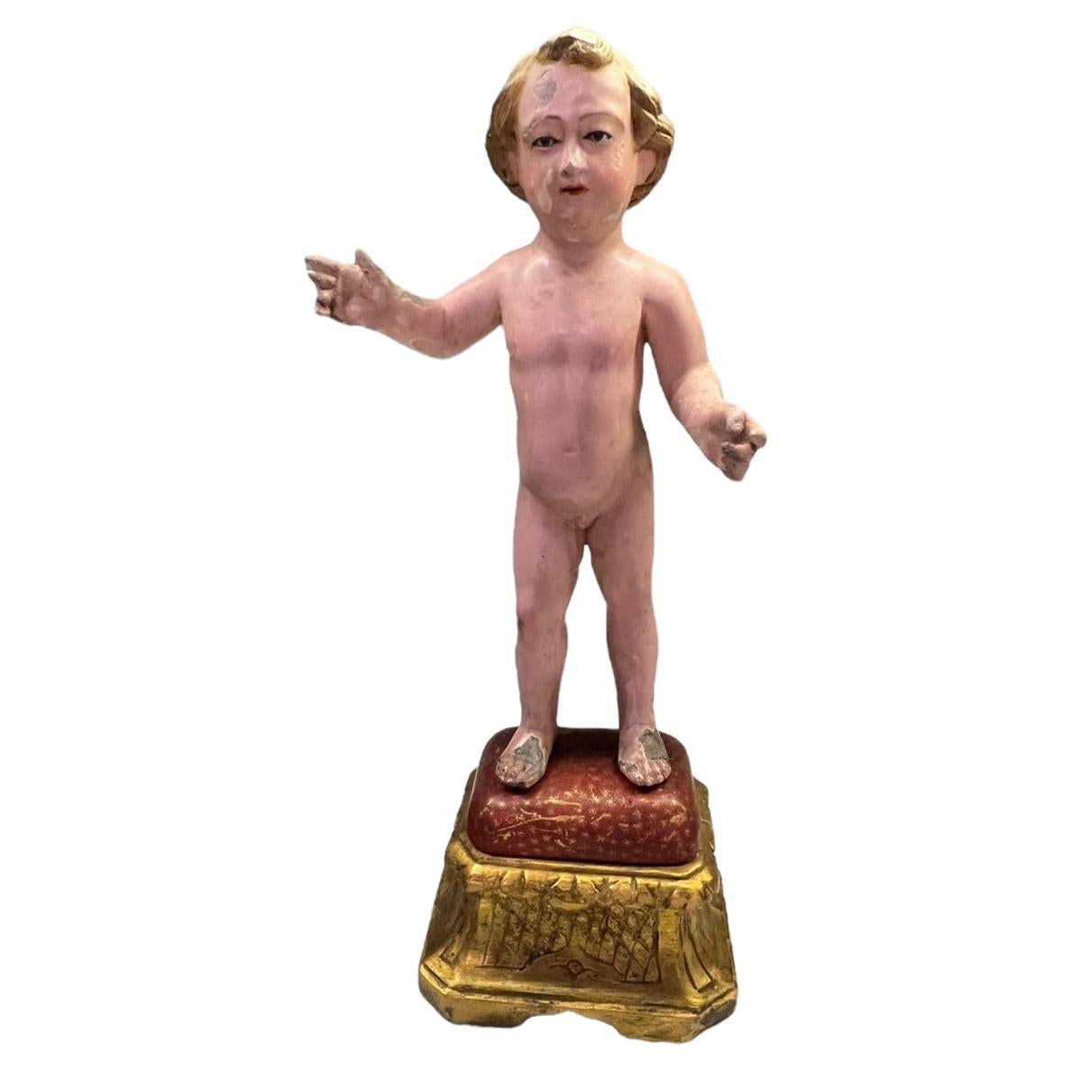 18th Century Italian Carved Wood and Polychromed Figure Depicting Baby Jesus For Sale