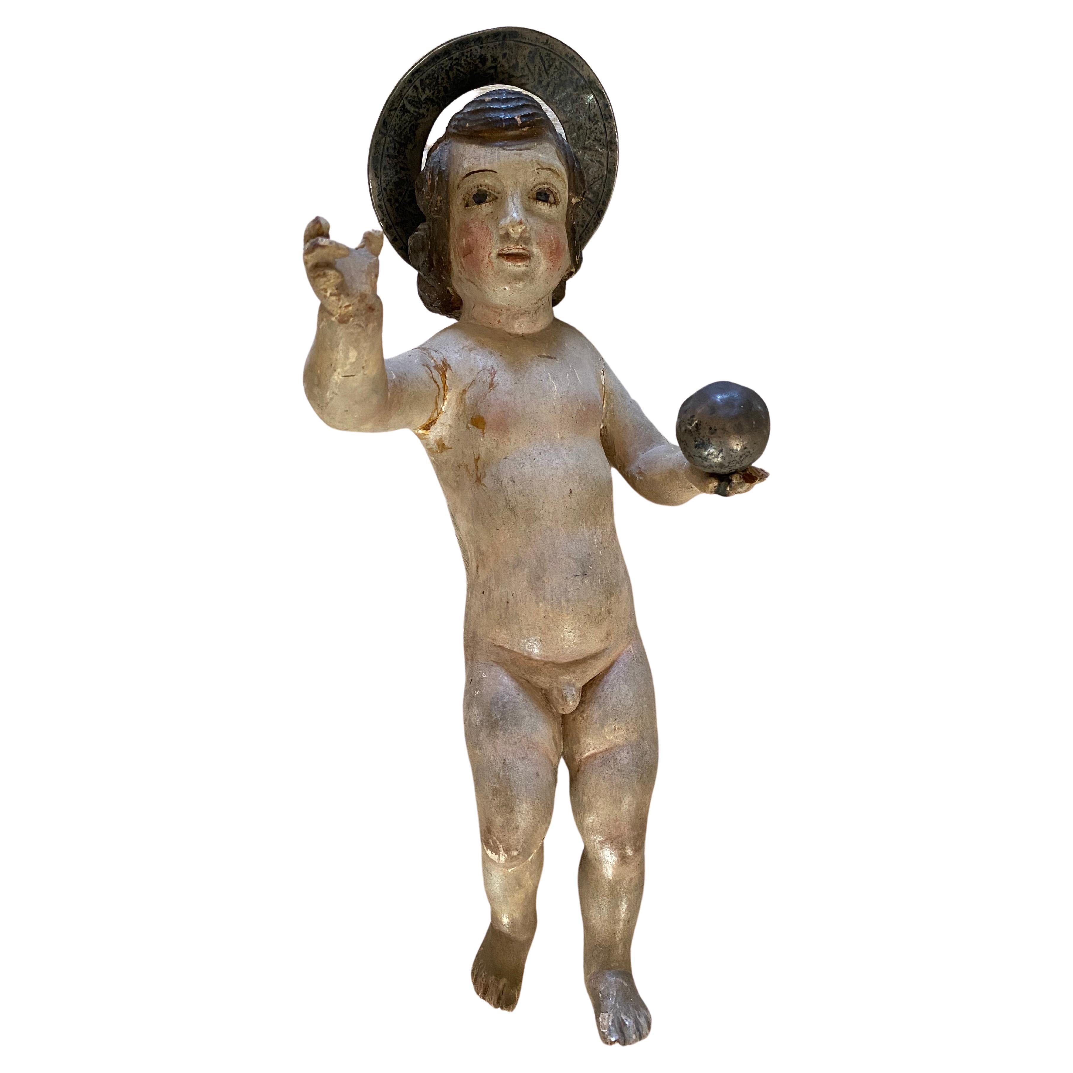 Italienische geschnitzte und polychromierte Baby Jesus-Figur aus Holz, 18. Jahrhundert