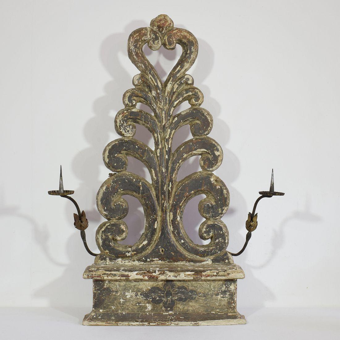 Spectacular Baroque period piece with candleholders. Beautiful traces of silver, Italy, circa 1750.
Despite of its high age in a good condition. Old repairs and small losses. Candleholders are added later, traces of attachments of 1st candleholders