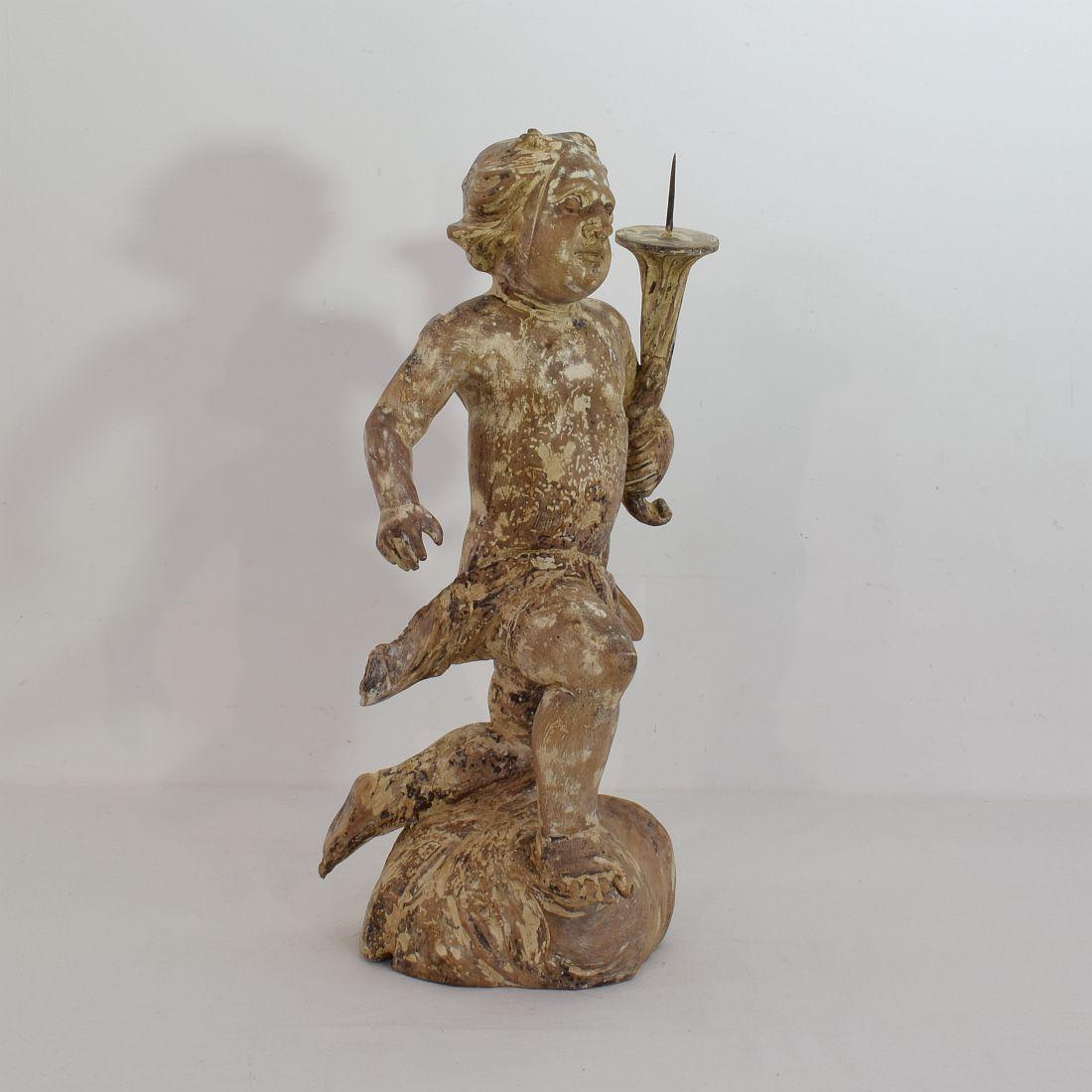 Hand-Carved 18th Century, Italian Carved Wood Baroque Angel with Candleholder