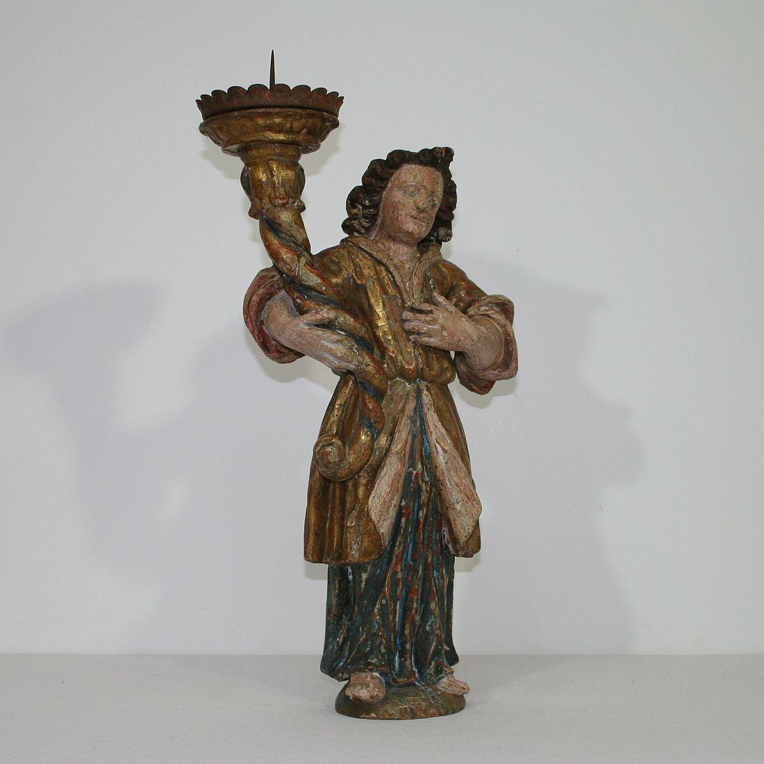 18th Century, Italian Carved Wood Baroque Angel with Candleholder In Good Condition In Buisson, FR