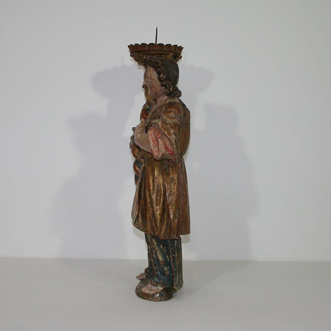 18th Century and Earlier 18th Century, Italian Carved Wood Baroque Angel with Candleholder