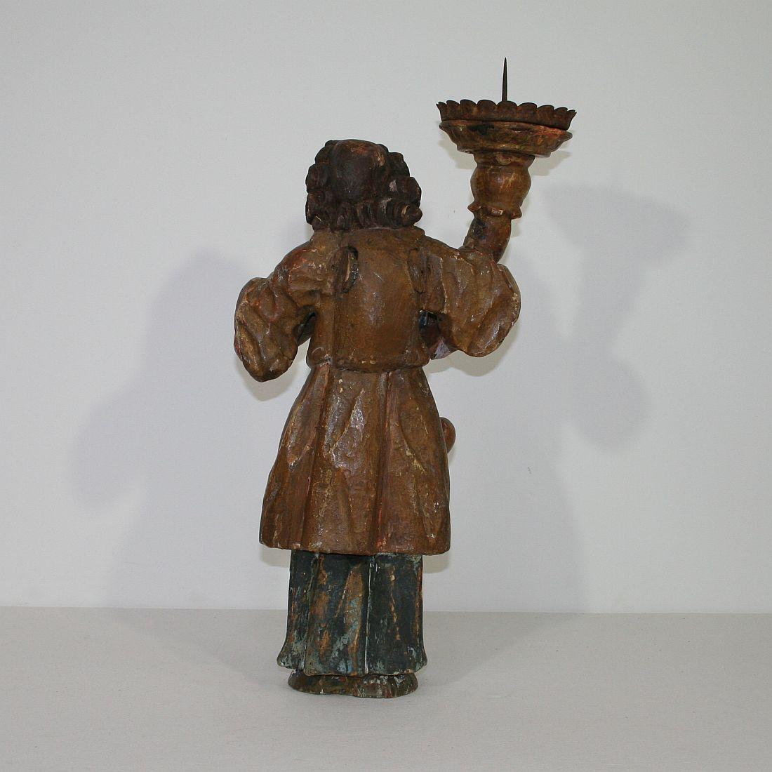 18th Century, Italian Carved Wood Baroque Angel with Candleholder 1
