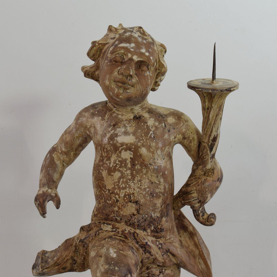 18th Century, Italian Carved Wood Baroque Angel with Candleholder 2