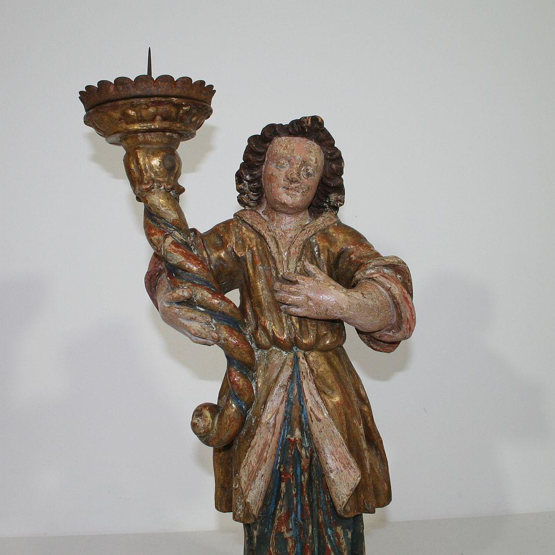 18th Century, Italian Carved Wood Baroque Angel with Candleholder 3