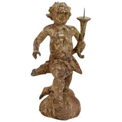 18th Century, Italian Carved Wood Baroque Angel with Candleholder