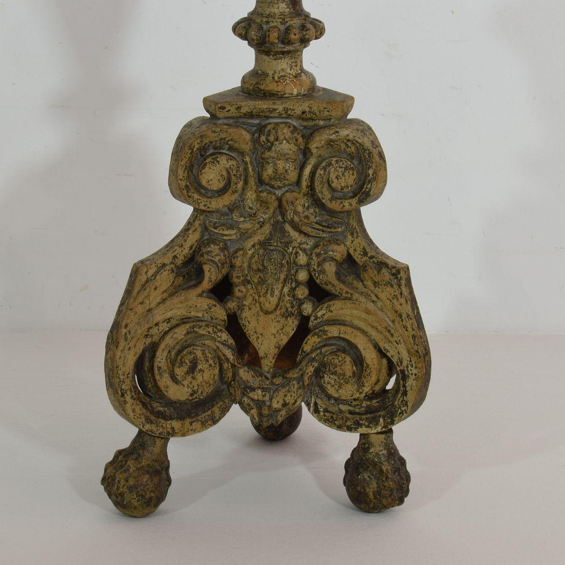 18th Century, Italian Carved Wood Baroque Candlestick with Angel Heads 5