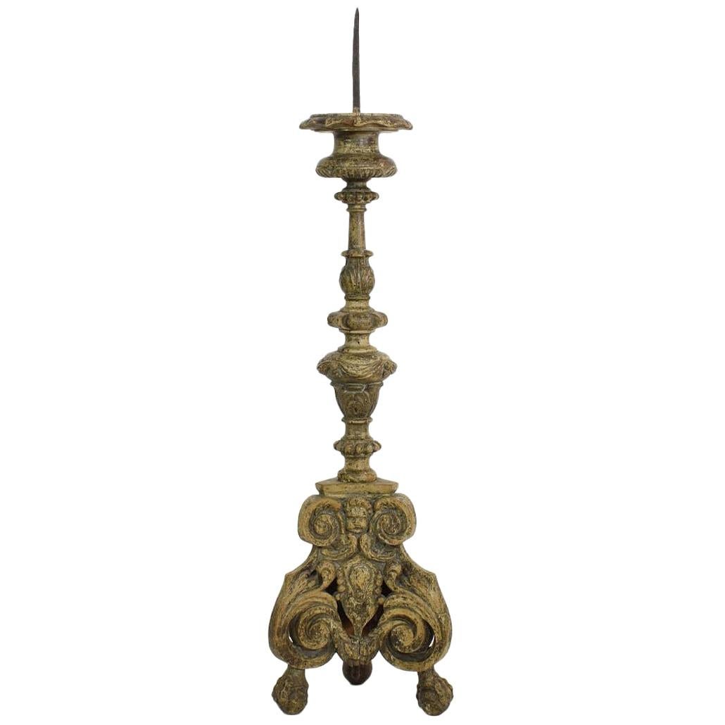 18th Century, Italian Carved Wood Baroque Candlestick with Angel Heads