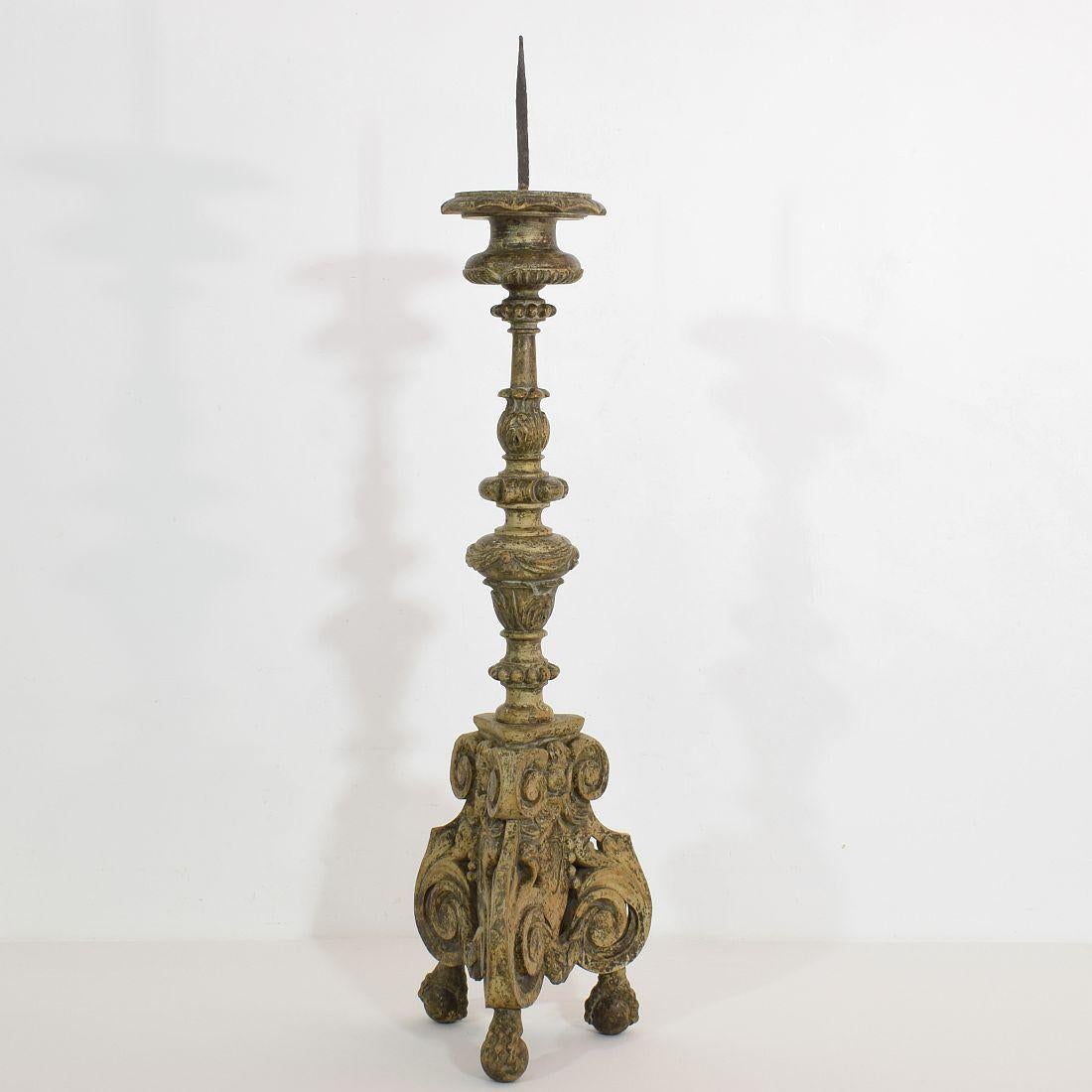 Hand-Carved 18th Century, Italian Carved Wood Baroque Candlestick with Angel Heads