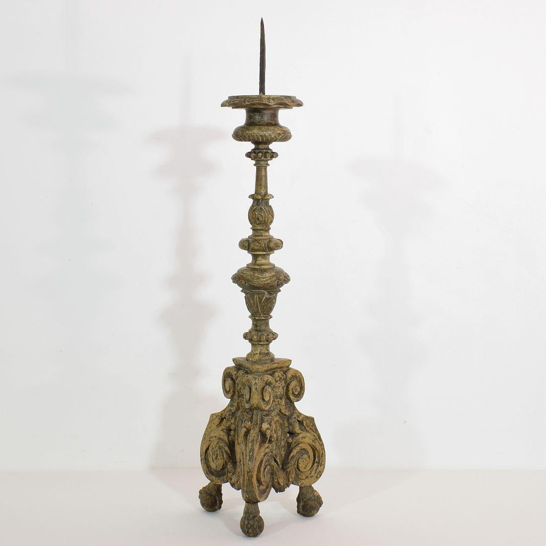 18th Century and Earlier 18th Century, Italian Carved Wood Baroque Candlestick with Angel Heads