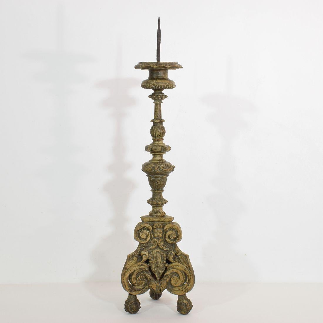 18th Century, Italian Carved Wood Baroque Candlestick with Angel Heads 1