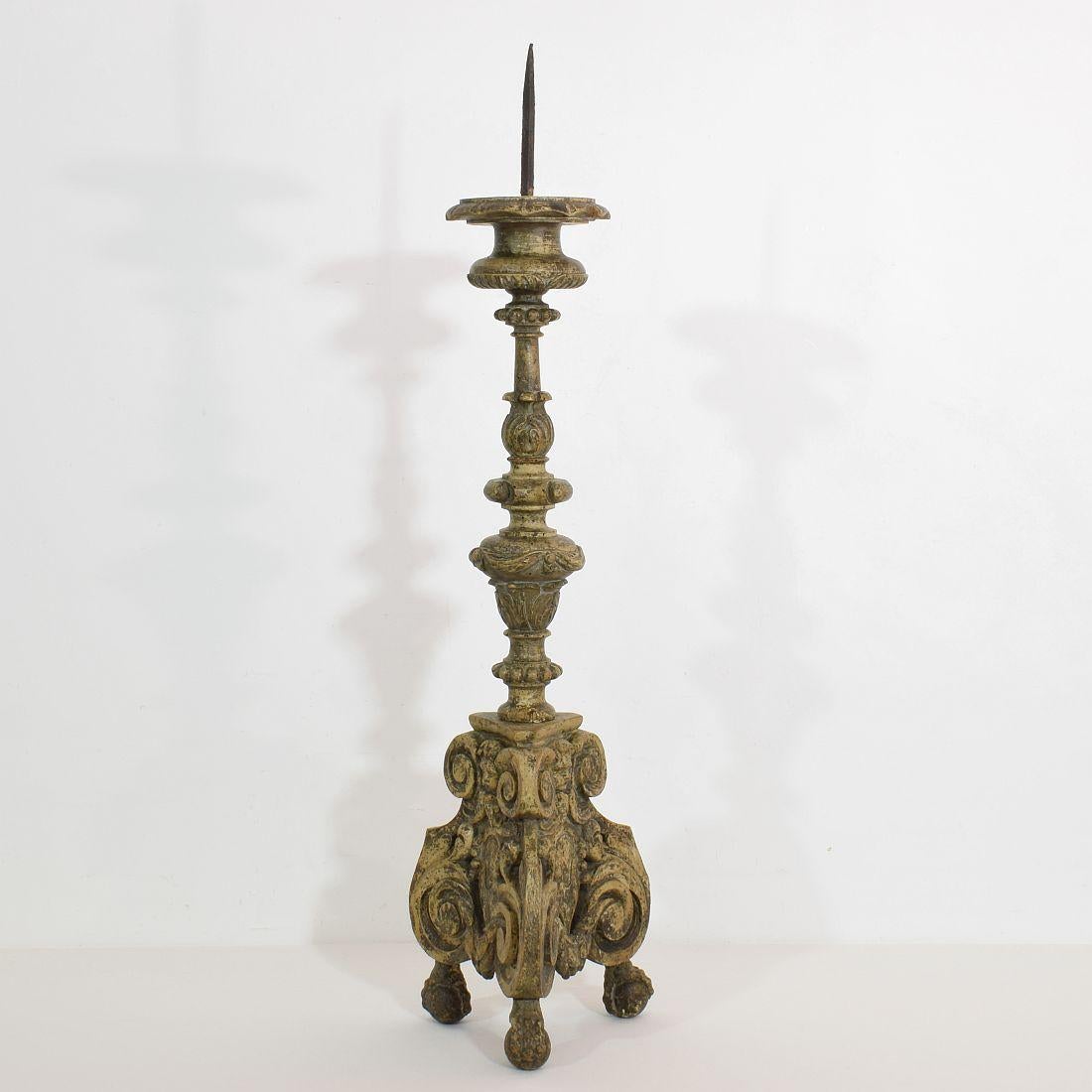 18th Century, Italian Carved Wood Baroque Candlestick with Angel Heads 2