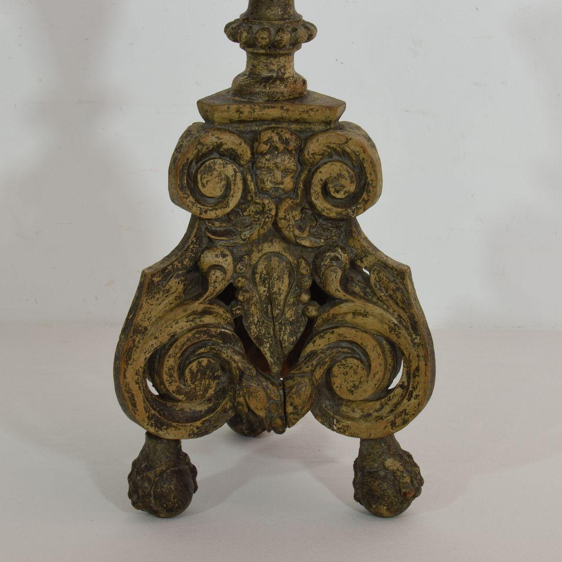 18th Century, Italian Carved Wood Baroque Candlestick with Angel Heads 3