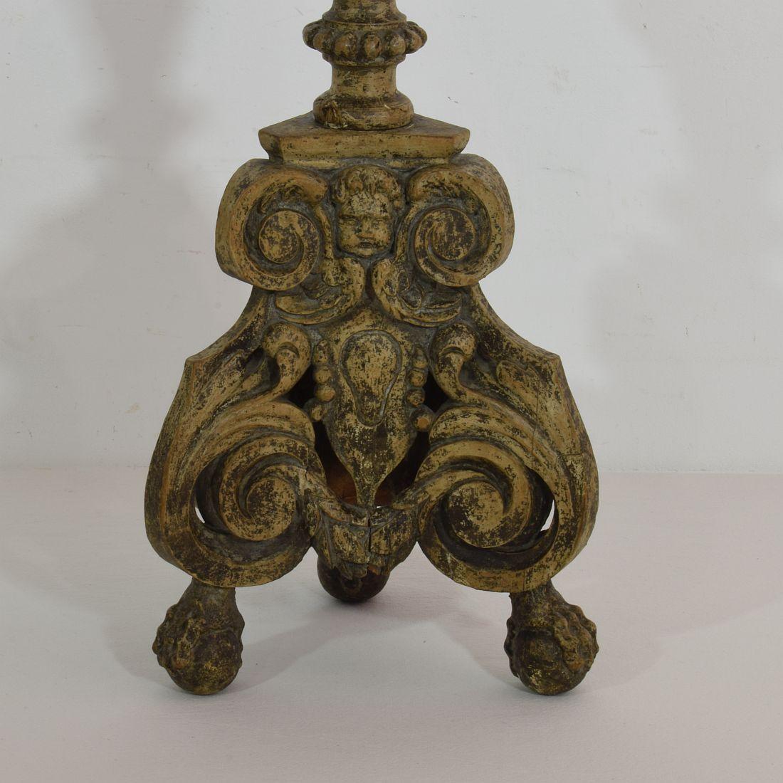 18th Century, Italian Carved Wood Baroque Candlestick with Angel Heads 4