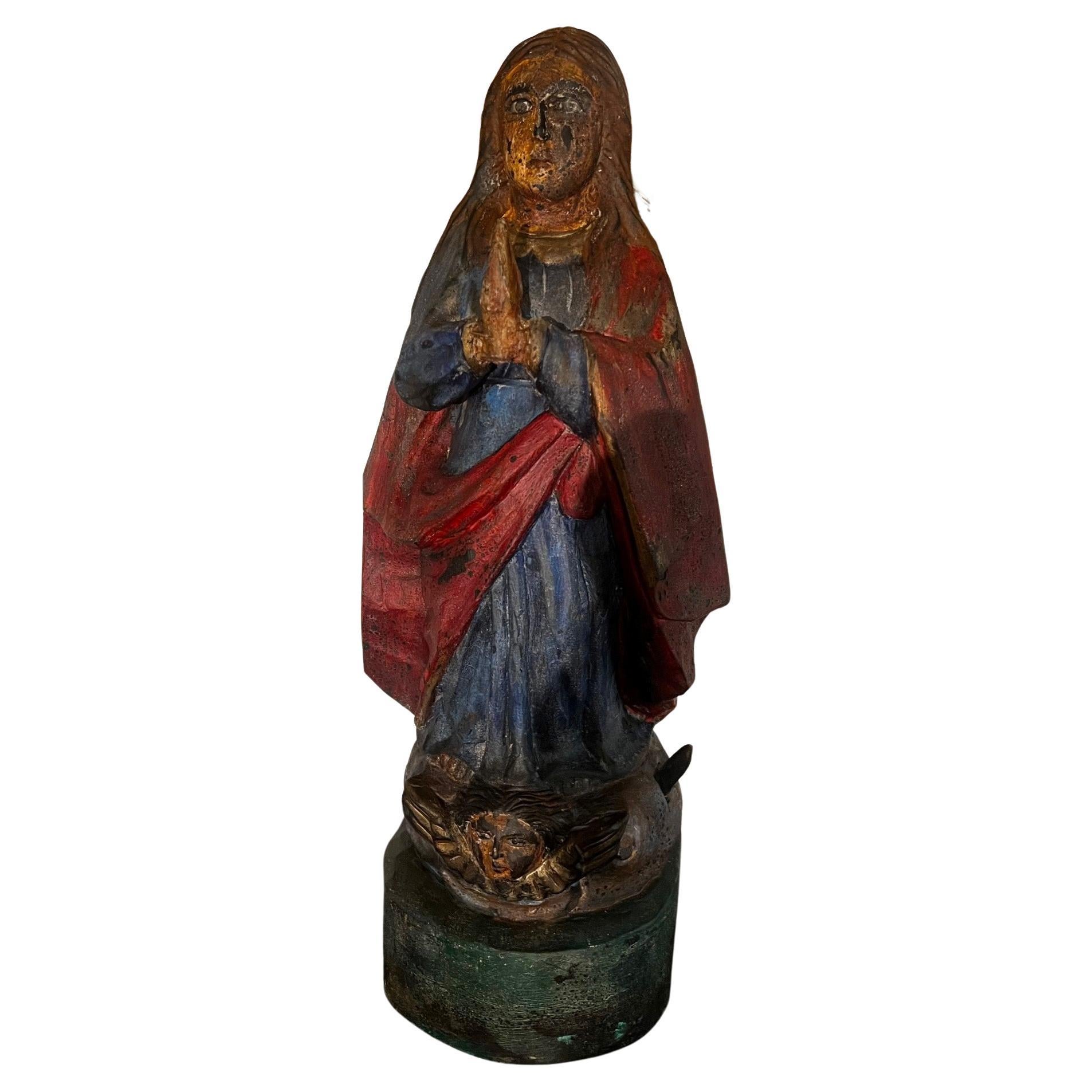 18th Century Italian Carved Wood Polychrome Virgin Mary Sculpture For Sale