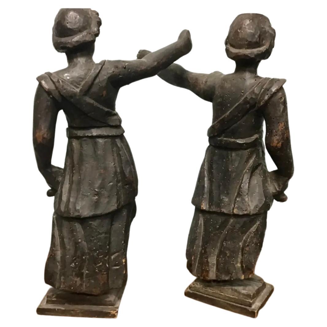 18th Century and Earlier 18th Century Italian Carved Wood Sculptures, a Pair For Sale
