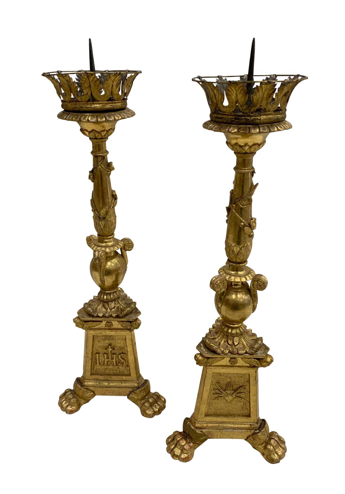 Beautiful set of 18th century Cathedral Candlesticks. Purchased in Lucca, Italy. Check out the angel carvings and stunning craftsmanship on this pair. We have not seen many like these available EVER. Restored by the #1 restorer for the Vatican for
