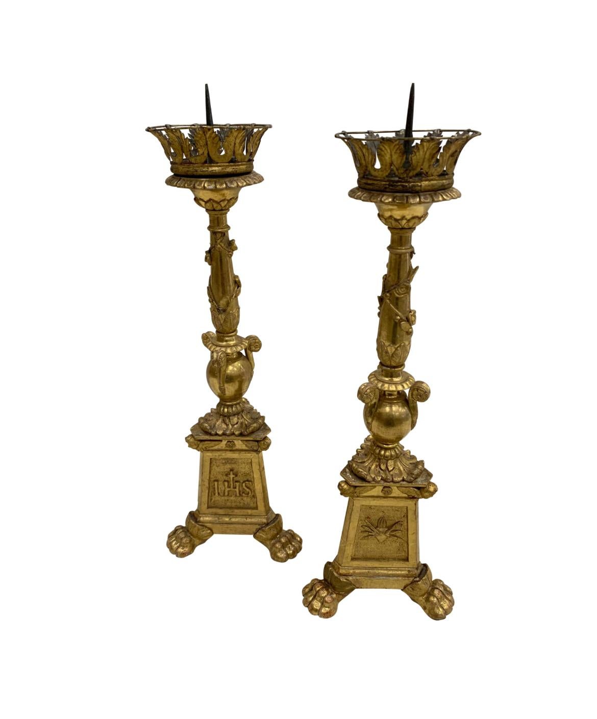 Hand-Crafted 18th Century Italian Cathedral Gold Gilt Candlesticks For Sale