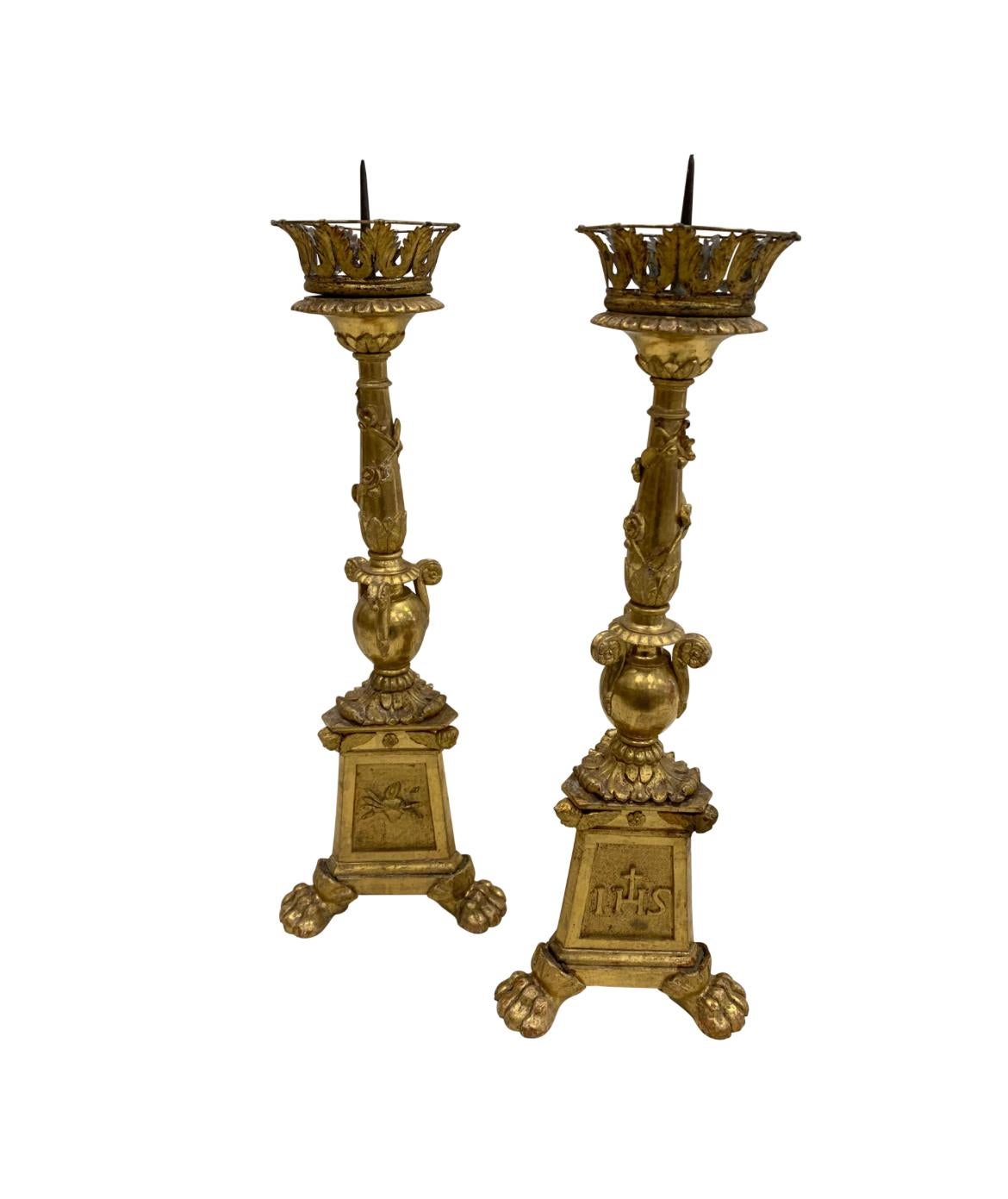 18th Century and Earlier 18th Century Italian Cathedral Gold Gilt Candlesticks For Sale