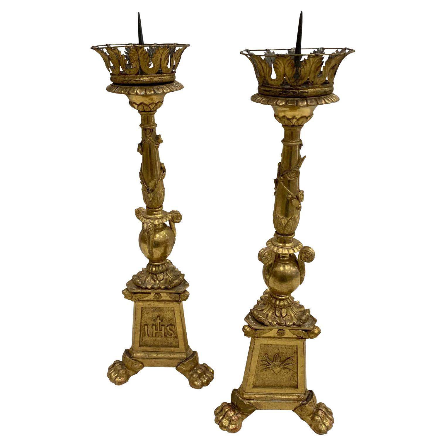 18th Century Italian Cathedral Gold Gilt Candlesticks For Sale