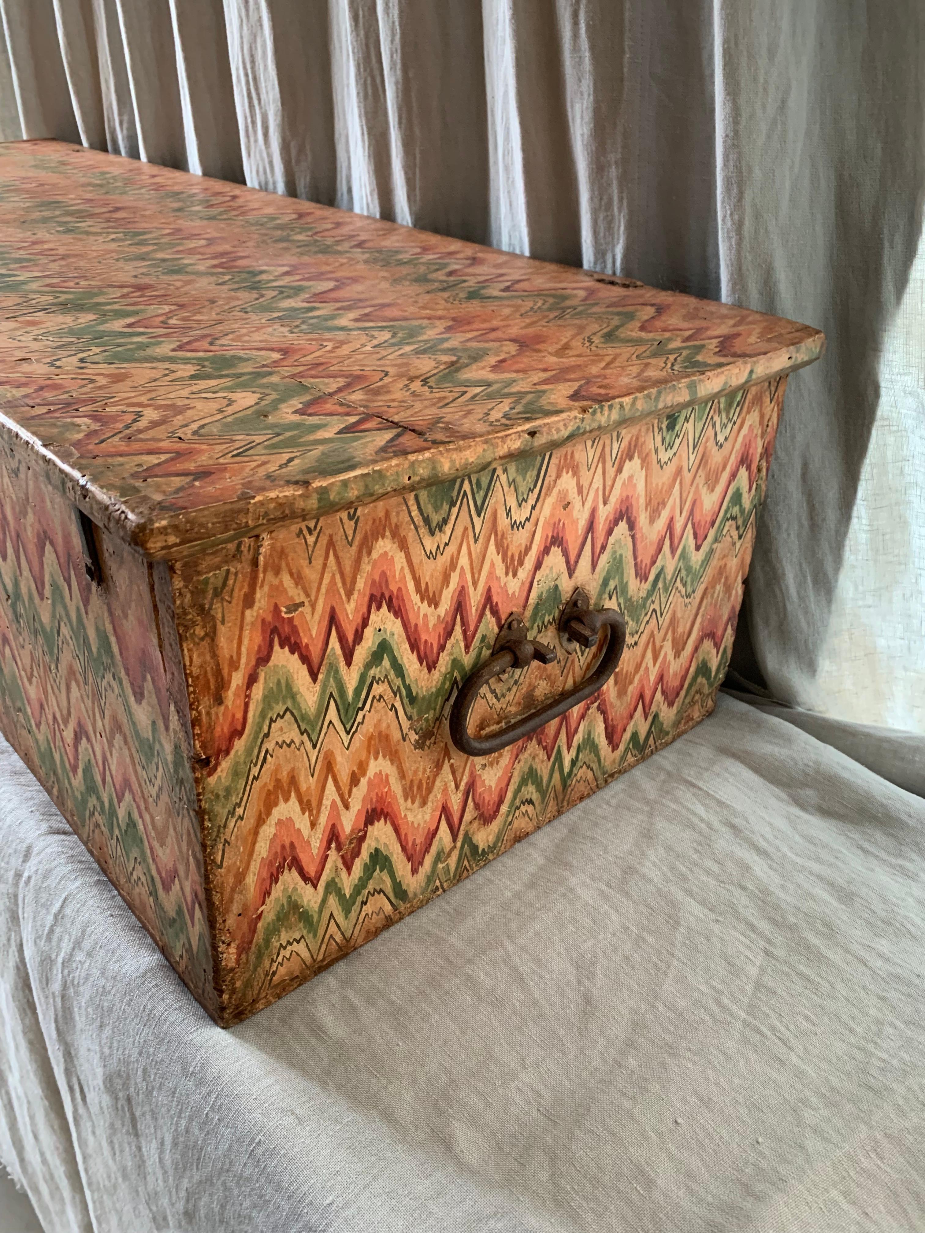 Iron 18th Century Italian Wooden Chest With Painted Decoration For Sale