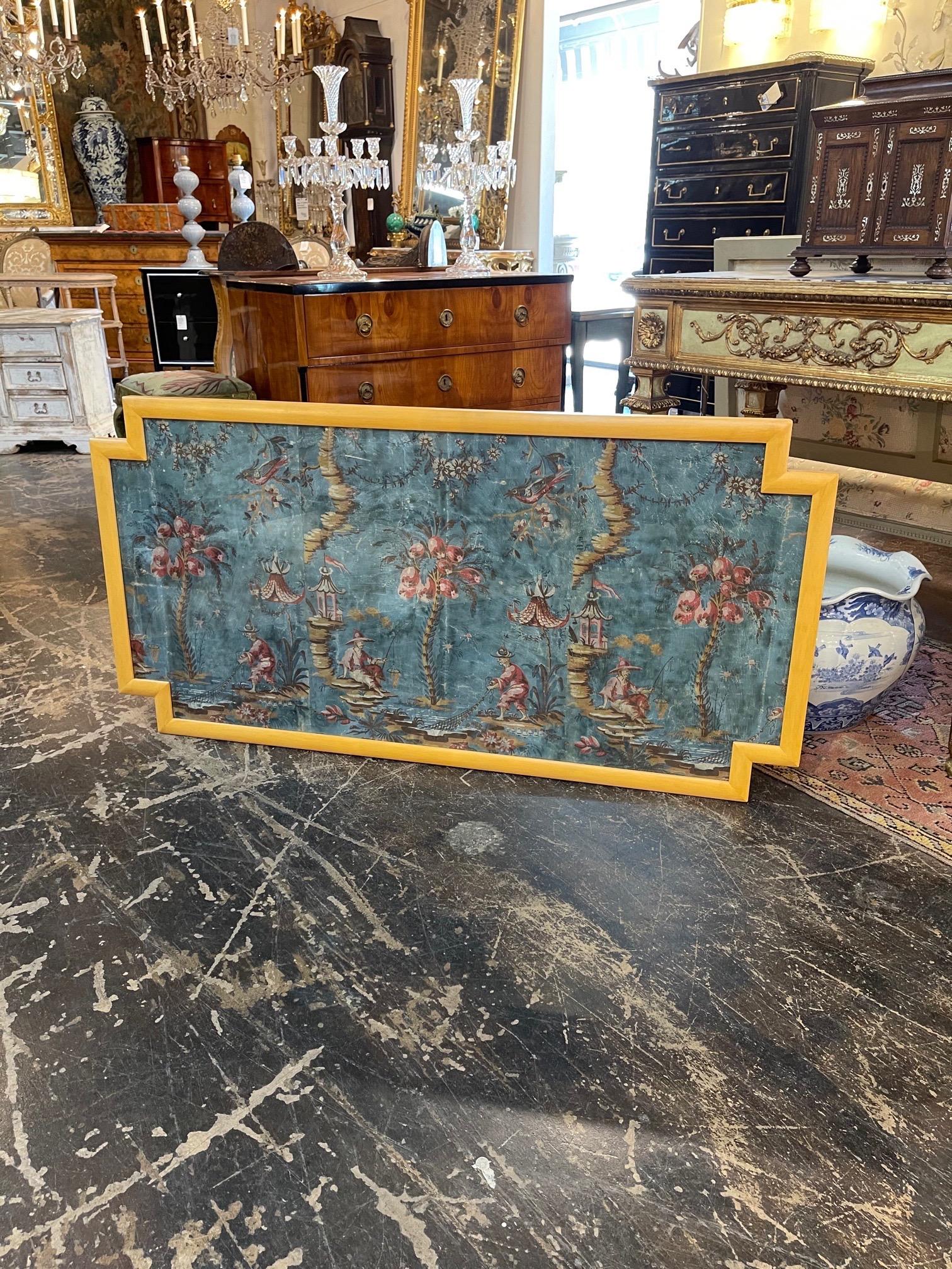 Lovely 18th century Italian painted panel featuring chinoiserie images. Vibrant colors of blue, pink, green and gold. Such an interesting piece and a true work of art.