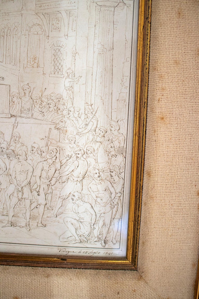 18th Century Italian City People Drawing w/ Frame For Sale 7