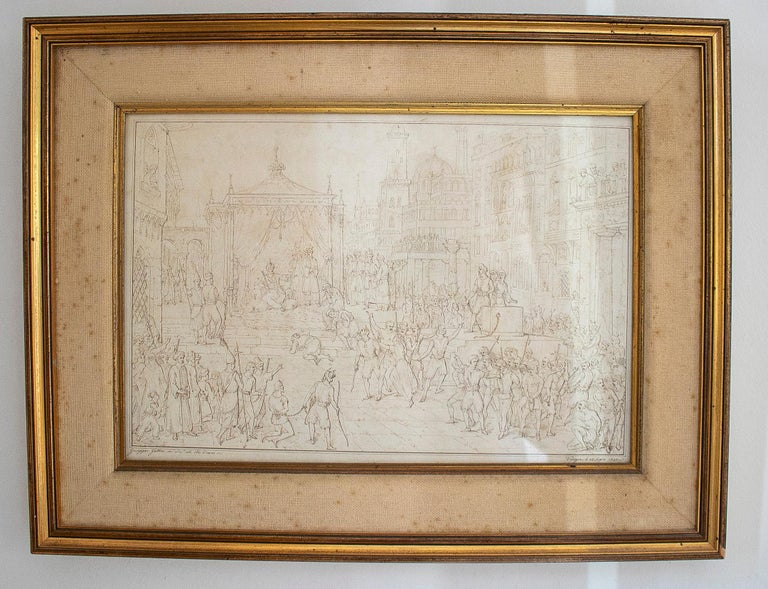 Antique 18th century Italian city people drawing with gilt frame

The measurement is from the drawing.
 